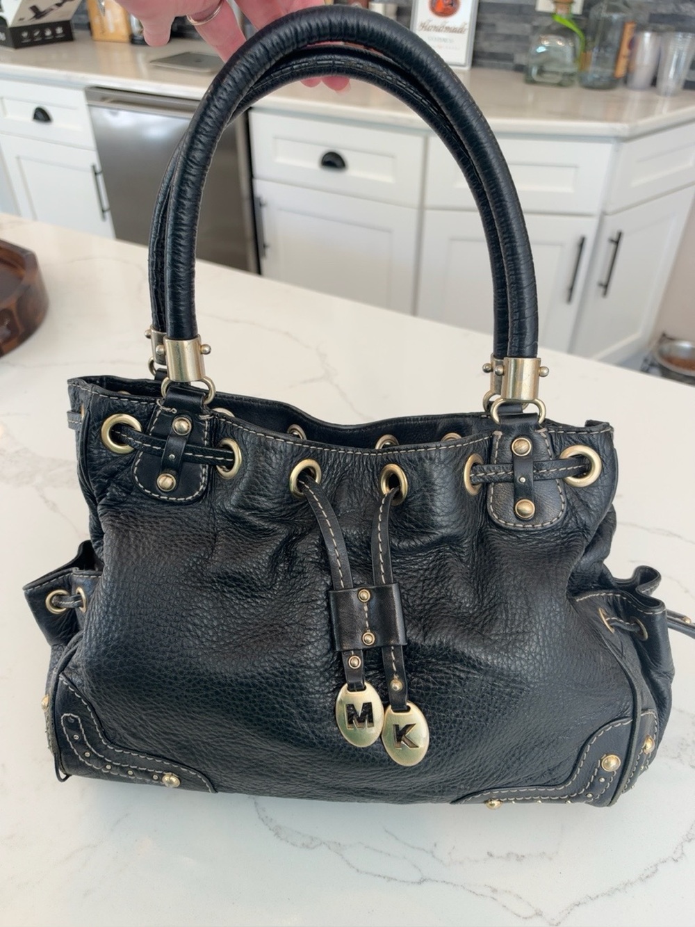 Michael Kors Black Pebbled Leather Grommet Drawstring Satchel Gold Hardware